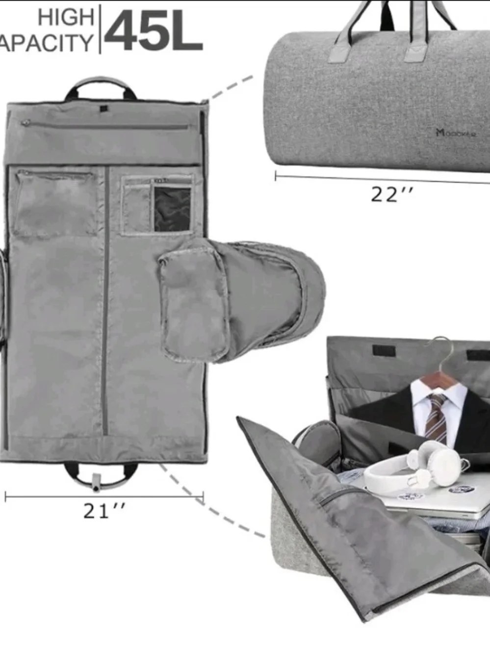 Uniquebell 45L Convertible Garment Bag Duffel Gray Travel Weekender Suit Carrier